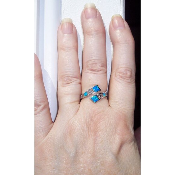 925 STERLING SILVER Lab Created Blue Fire Opal Bypass Ring - Picture 2 of 15